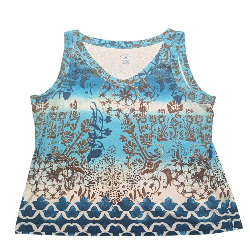 White Stag Tank Top Womens XL Blue Brown Boho Mandala Glitter V-Neck Cotton